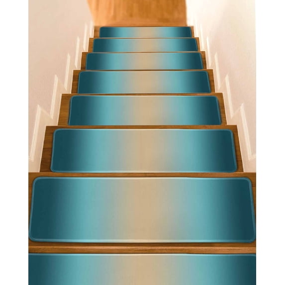 Teal Blue Khaki Ombre Stair Treads Non Slip Indoor for Wooden Steps, Modern Abstract Art Gradient 4 Pcs Stair Mats for Elders Dogs, 8 x 30 Inch Carpet Treads Runner Rugs for Staircase