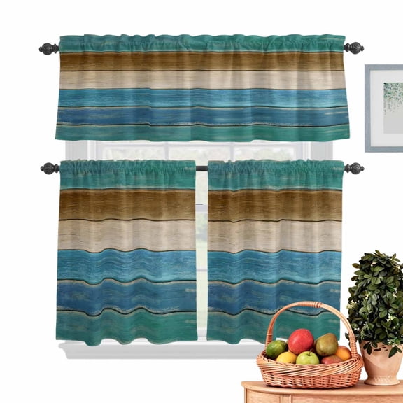 Teal Blue Kitchen Curtains Valances 3 Piece Set, Brown Wooden Board Gradient Farmhouse Country Rod Pocket Tier Curtain and Valance Drapes for Small Window 24 Inch Length for Bedroom Cafe
