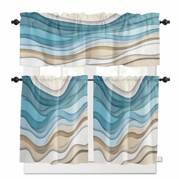 Teal Blue Kitchen Curtains and Valances Set, Brown Abstract Water Ripple Modern Ombre Geometric Rod Pocket Window Valance Window Curtain Panels for Living Room Bedroom Laundry, 27.5x24in, 3 Pieces