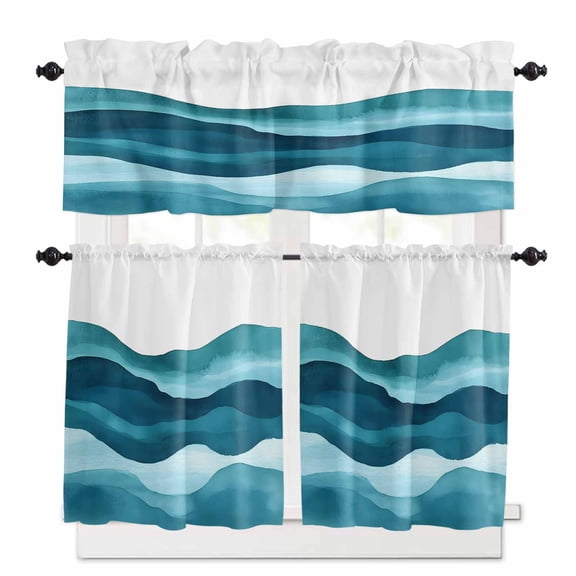 Teal Blue Kitchen Curtains and Valances Set, Water Ripple Abstract Gradient Coean Waves Rod Pocket Window Valance 18 Inch Window Curtain Panels for Living Room Bedroom Laundry, 27.5x36in, 3 Pieces