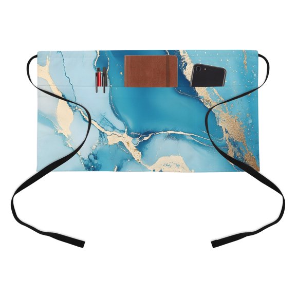 Teal Blue Kitchen Restaurant Half Waist Apron, Gold Marble Abstract Art Stone Cracks Modern Server Short Apron with 3 Pockets Waterproof Oil Waist Aprons for Women Waitress Waiter