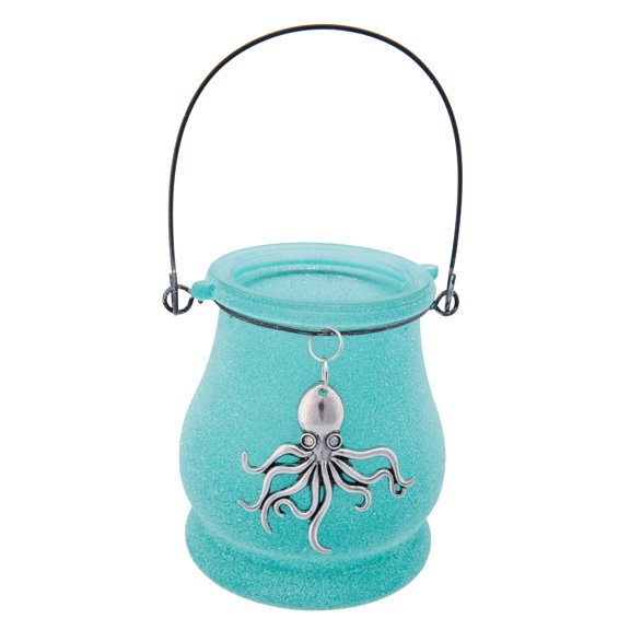 Teal Blue Lantern Shaped Glass Tealight Holder with Pewter Octopus Icon