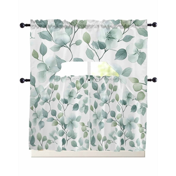 Teal Blue Leaves Kitchen Curtains Sets 24 Inch Length with Valance, Summer Botanical Watercolor Swag Valances and Tiers Curtain Set Drapes Swag Curtains for Living Room, Bathroom, Bedroom, Cafe