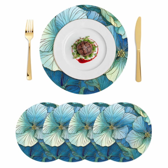 Teal Blue Leaves Round 15 Inch Placemats Set of 4, Modern Abstract Art Botanical HeatResistant Non Slip Place Mats for Dining Table, Wipeable Braided Kitchen Table Mats for Housewarming