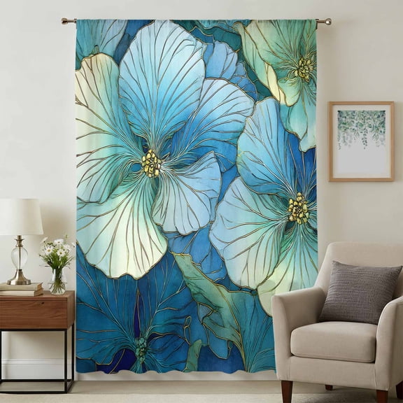 Teal Blue Leaves Sheer Curtains 63 Inches Long, Modern Abstract Art Botanical Light Filering Curtains, Breathable Simi Curtain Privacy Drapes for Living Room Bedroom Lightweight Window Treatment