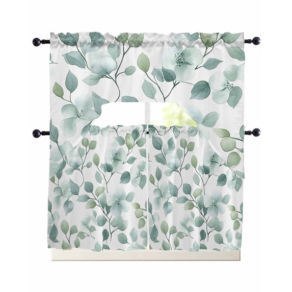 Teal Blue Leaves Swag Kitchen Curtains Sets for Windows 24 Inch Length, Summer Botanical Watercolor Short Window Curtain Panels Swags Valances and Tiers 3 Piece Set for Cafe/Dining Room
