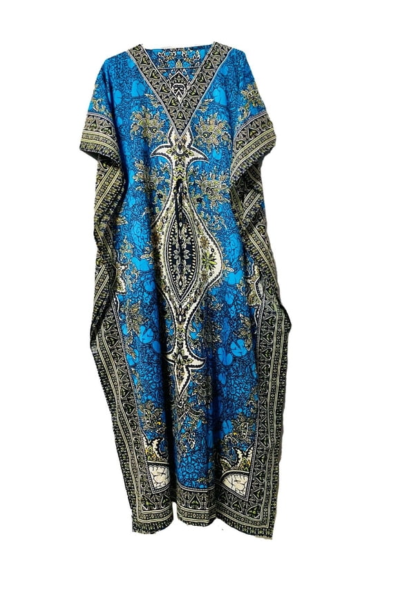 Teal Blue Long-Kaftan-dress-Hippy-Boho-Maxi-One-Women-india-caftan-Tunic--Dress-Night-Gown