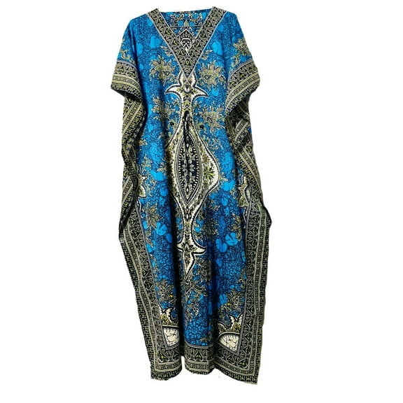 Teal Blue Long-Kaftan-dress-Hippy-Boho-Maxi-One-Women-india-caftan-Tunic--Dress-Night-Gown