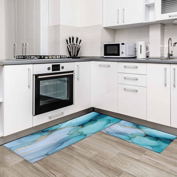 Teal Blue Marble 2 Pieces Non-Slip Kitchen Mat Set Modern Abstract Art Marble Crack Soft Door Mat with Rubber Backing,Dirtproof Rugs for Entrance Doorway 20x24in+20x48in