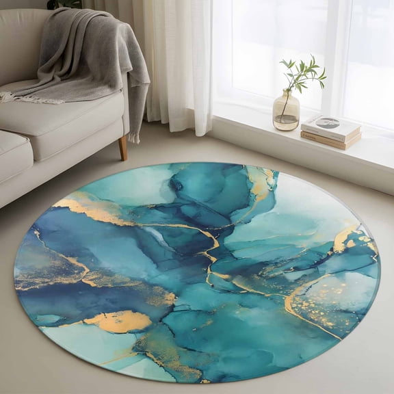 Teal Blue Marble 3ft Area Rug, Modern Abstract Texture Art Ombre Washable Non-Slip Small Round Rugs for Entryway Bedroom Kitchen, Soft Circle Carpet for Dining Room, Playroom Nursery Rug