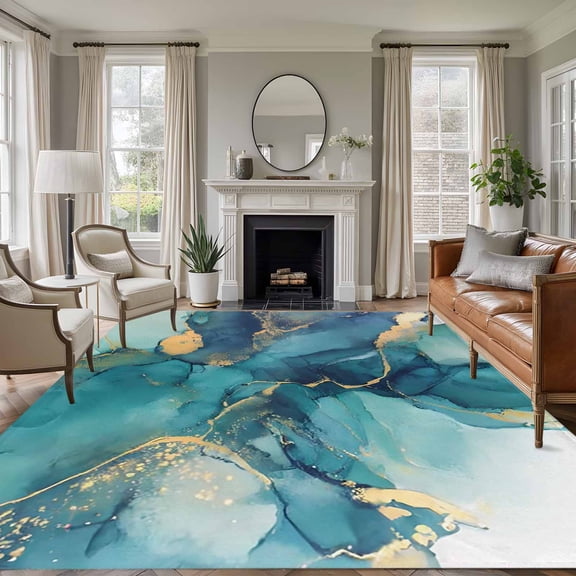 Teal Blue Marble 5'x8' Area Rug for Living Room, Modern Abstract Texture Art Ombre Washable Non-Slip Rugs for Bedroom Nursery Dining Room, StainResistant Low-Pile Kitchen Carpet Large Entryway Rugs