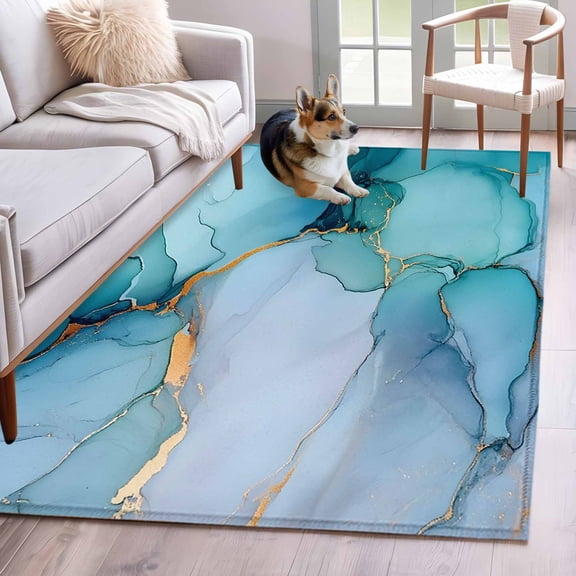 Teal Blue Marble Area Rug 3x5 FT, Non Slip Entryway Bedside Carpet, Modern Abstract Art Marble Crack Washable Soft Floor Carpet Indoor Mat Non-Shedding Throw Rugs for Dorm Kitchen Home Office
