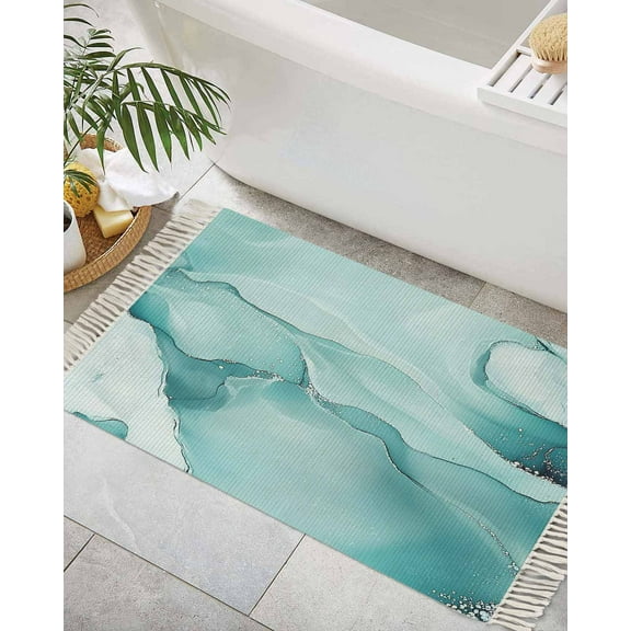 Teal Blue Marble Bath Rug 2x3ft Woven Bathroom Entryway Runner Rug,Marble Crack Lines Modern Art Washable Living Room Hallway Bedroom Kitchen Carpet with Tassels,Indoor Outdoor Throw Doormat