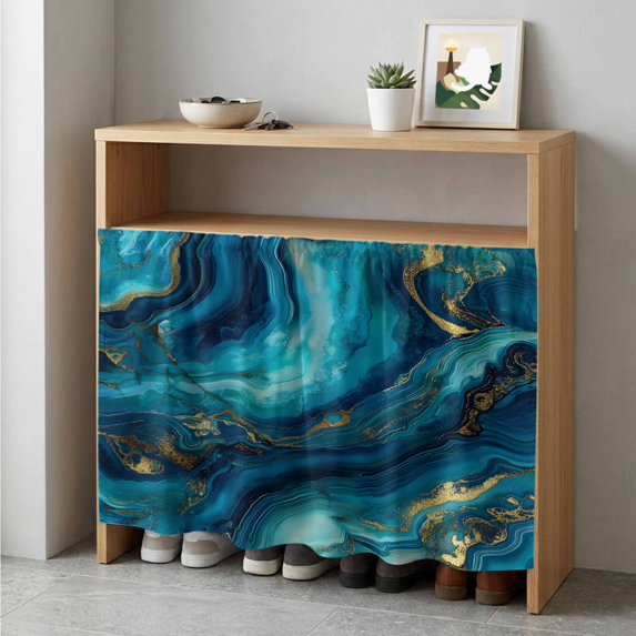 Teal Blue Marble Cabinet Curtain 35"Wx35"L,Dustproof Under Sink Skirt with Self Adhesive Tape,Ink Painting Modern Abstract Yellow Cabinet Curtain Cover for Kitchen Sink,Bathroom Vanity,Laundry Room