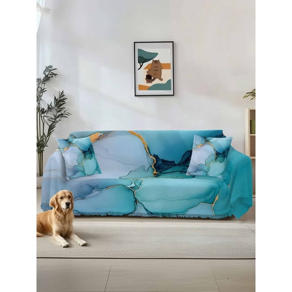 Teal Blue Marble Couch Cover Sofa Covers 3 Cushion Sectional Couch, Modern Abstract Art Marble Crack Washable Sofa Covers Slipcover Sectional Sofa Cover, Furniture Protector 71"x150"
