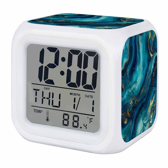 Teal Blue Marble Digital Alarm Clock for Bedrooms, Smart LED Alarm Clock with 7 Color Changing Night Light, Ink Painting Modern Abstract Yellow Silent Wake Up Clocks for Sleep Study Cooking 3.2"x3.2"
