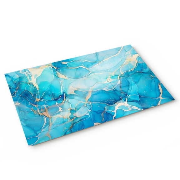 Teal Blue Marble Door Mat Gradient Gold Fluid Texture Non Slip Absorbent Entrance Mat Washable Low Profile Indoor Doormat for Front Door Entryway Entry 16"x24"