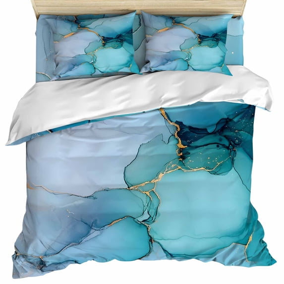 Teal Blue Marble Duvet Cover Set, Modern Abstract Art Marble Crack Soft Duvet Cover California King Bedding Set 4 Pieces, 1 Quiltcover and 2 Pillowcases with Zipper, 1 Bed Sheet for All Seasons