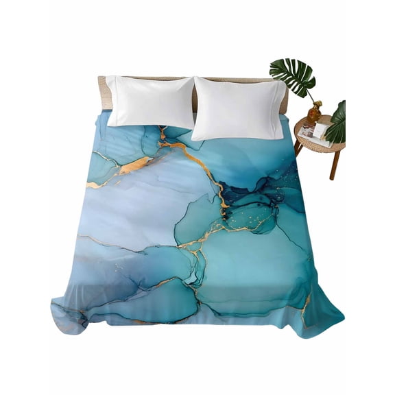Teal Blue Marble Flat Sheets Only Queen Size, Soft Breathable Bed Top Sheets for Mattress, Modern Abstract Art Marble Crack Luxury Bedding Flat Sheets for Home Hotel Bedroom Bed Protection
