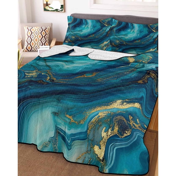 Teal Blue Marble King Size Down Alternative Comforter, Lightweight Comforter Quilt Bedding Set with Pillow Shams Ink Painting Modern Abstract Yellow All Seasons Bed Comforter Duvet Insert 96"x106"