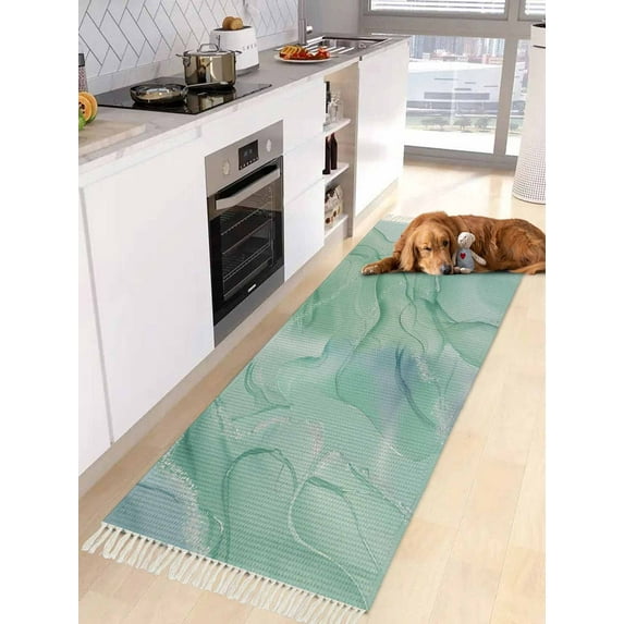 Teal Blue Marble Kitchen Runner Rug 2x6 Bedside Rug with Tassel Cotton Woven Throw Rugs Washable Hallway Runner Rugs Abstract Art Turquoise Marble Floor Carpet for Bedroom Bathroom Living Room