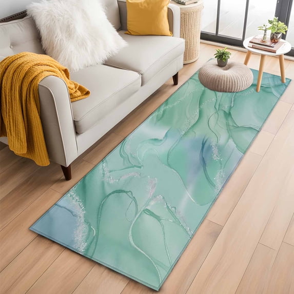 Teal Blue Marble Kitchen Runner Rug 2x6 Washable Runners for Hallway Non Slip Abstract Art Turquoise Marble Large Area Rug Indoor Floor Carpet for Bathroom Laundry Entryway Bedroom Living Room