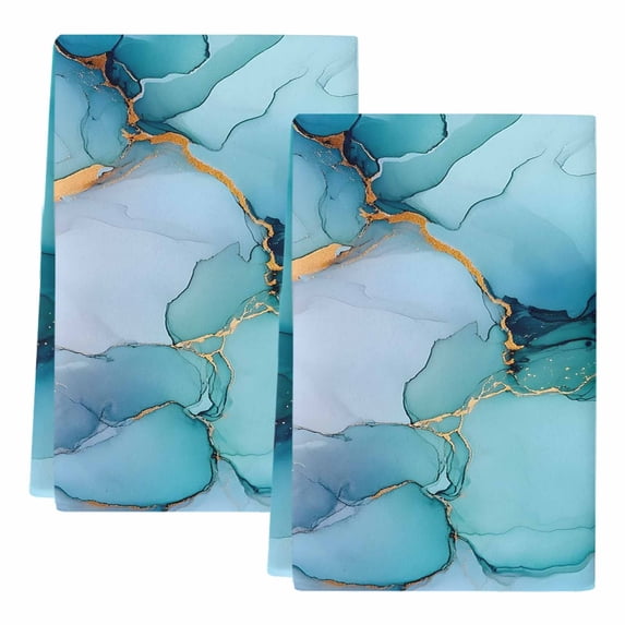 Teal Blue Marble Kitchen Towels Set of 2, Modern Abstract Art Marble Crack Soft Microfiber Dish Towels, Absorbent Quick-Dry Washable Dishcloths for Kitchen Cleaning, Drying Dishes, 18x28 Inches