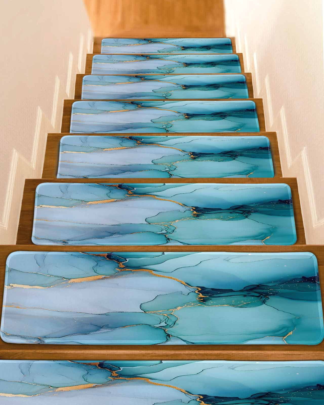 Teal Blue Marble Non-Slip Stair Treads for Wooden Steps, 10 Pack-8x30in ...