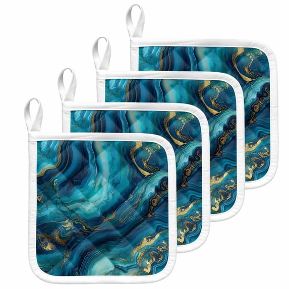 Teal Blue Marble Pot Holders for Kitchen Heatproof Potholder, 4 Pack Ink Painting Modern Abstract Yellow Hot Pads Multipurpose Oven Pads Cloth Potholders Trivet for Cooking and Baking