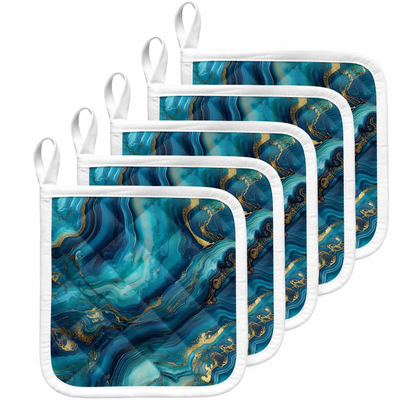 Teal Blue Marble Pot Holders for Kitchen Heatproof Potholder, 5 Pack Ink Painting Modern Abstract Yellow Hot Pads Multipurpose Oven Pads Cloth Potholders Trivet for Cooking Baking