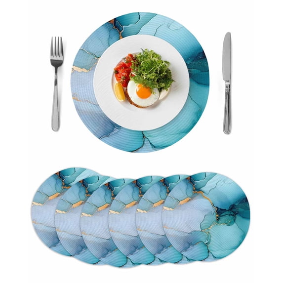 Teal Blue Marble Round 13 Inch Placemats Set of 6, Modern Abstract Art Marble Crack HeatResistant Non Slip Place Mats for Dining Table, Wipeable Braided Kitchen Table Mats for Housewarming