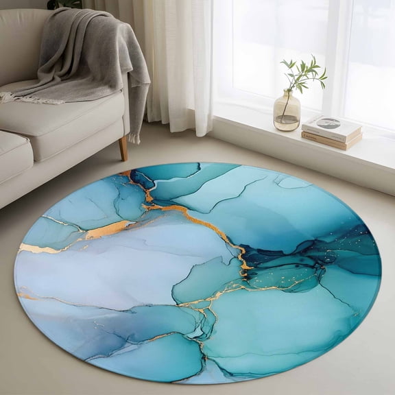 Teal Blue Marble Round Rugs 3.3ft, Modern Abstract Art Marble Crack Non Slip Washable Rug Runner, Low Pile Indoor Floor Carpet Mat Bathroom Rugs for Living Room, Bedroom, Kids Room