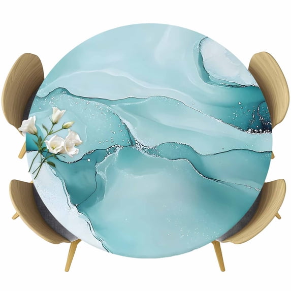 Teal Blue Marble Round Tablecloth 45-54 Inch Round Fitted Table Cloth with Elastic Edge, Marble Crack Lines Modern Art Waterproof Table Cover Protector for Outdoor Picnic Party Dining