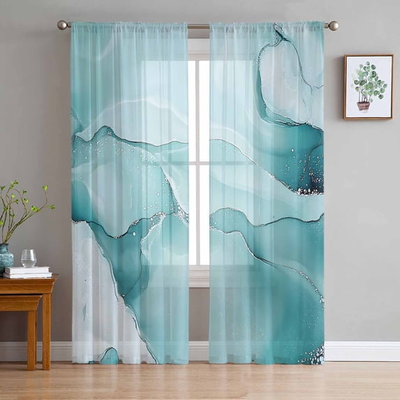 Teal Blue Marble Semi Sheer Curtains 96 Inch Length 2 Panels Set, Marble Crack Lines Modern Art Sheer Kitchen Curtain Privacy Voile Window Curtain for Living Room Bedroom Rod Pocket Drapes