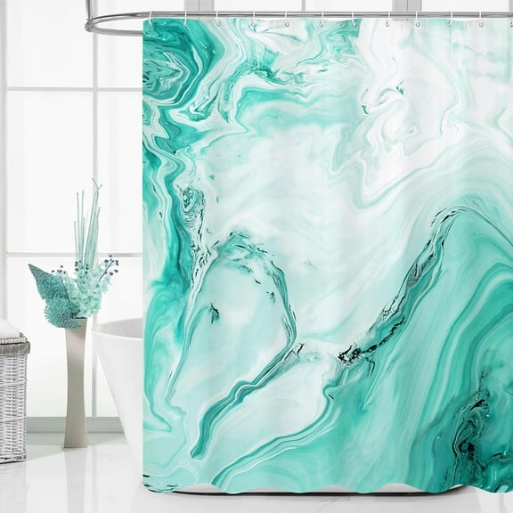 Teal Blue Marble Shower Curtain, Abstract Ombre Fabric Shower Curtains for Modern Bathroom Decor, Turquoise Green Luxury Cloth Watercolor Shower Curtain, 72x72