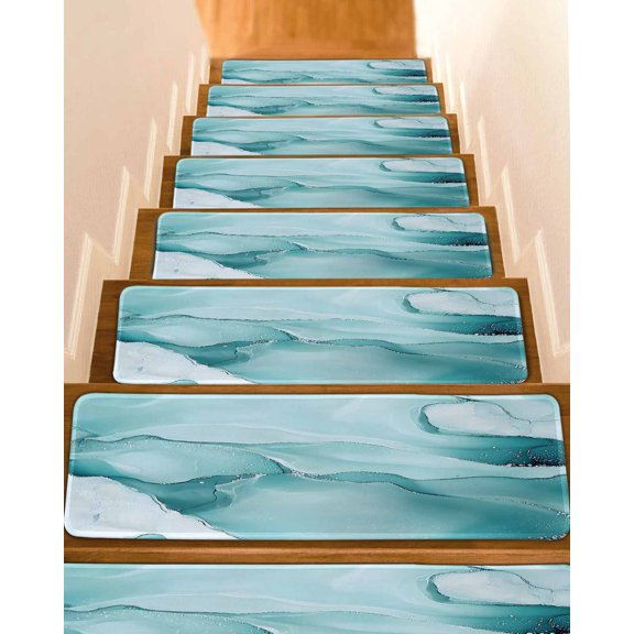 Teal Blue Marble Stair Treads for Wooden Steps Indoor Runner Rug Carpet, Marble Crack Lines Modern Art 10 Pieces Peel and Stick Staircase Step Treads Covers Washable Throw Door Mats, 30"x8"