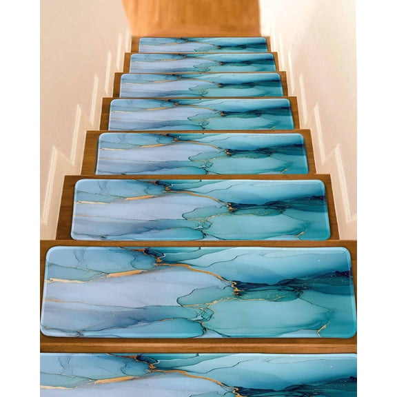 Teal Blue Marble Stair Treads for Wooden Steps Indoor Runner Rug Carpet, Modern Abstract Art Marble Crack 7 Pieces Peel and Stick Staircase Step Treads Covers Washable Throw Door Mats, 30"x8"