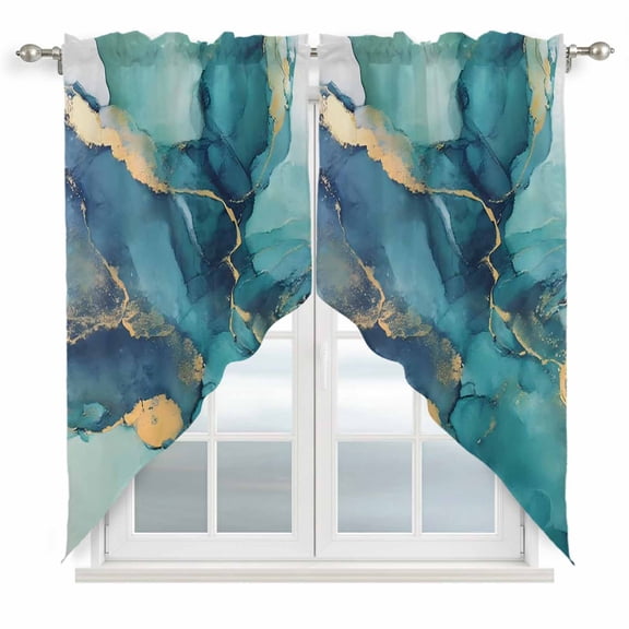 Teal Blue Marble Swag Curtains for Kitchen/Bedroom/Living Room, Modern Abstract Texture Art Ombre Scalloped Curtains 63 Inch Long, Rod Pocket Window Swag Topper Curtains Valances 2 Panels Set 36"x63"