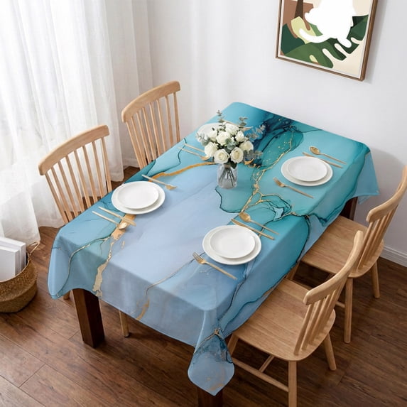 Teal Blue Marble Table Cloth Waterproof Tablecloths, Modern Abstract Art Marble Crack Tablecloth Dining Table Cover for Kitchen Party Tabletop Outdoor, Rectangle Tablecloth 60x84 Inch