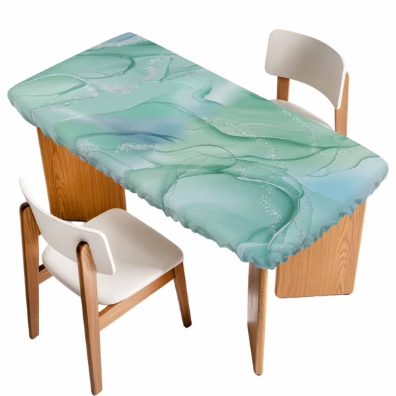 Teal Blue Marble Table Cloths for 3 Foot Rectangle Tables, Abstract Art Turquoise Marble Flow Patio Waterproof Elastic Fitted Tablecloths, Washable Rectangular Table Cover for Camping