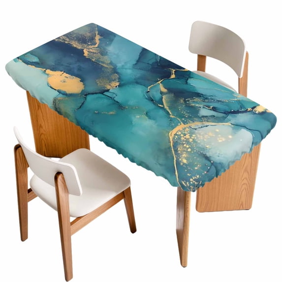 Teal Blue Marble Table Cloths for 6 Foot Rectangle Tables, Modern Abstract Texture Art Ombre Patio Waterproof Elastic Fitted Tablecloths, Washable Rectangular Table Cover for Camping