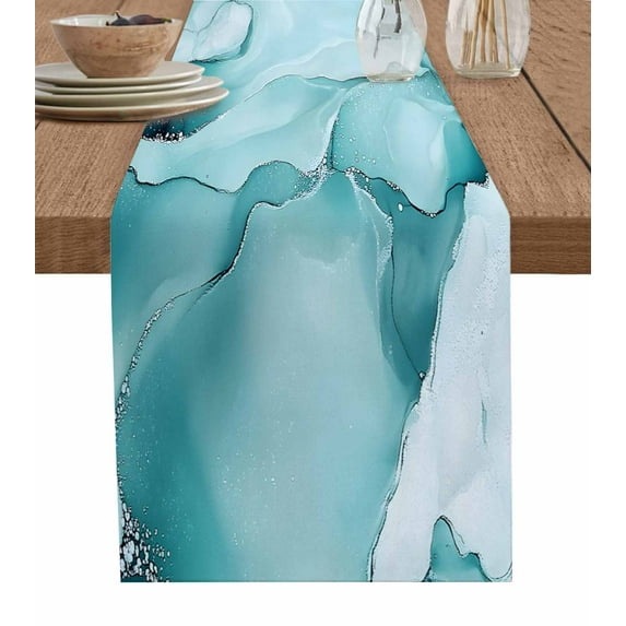 Teal Blue Marble Table Runner Marble Crack Lines Modern Art Tablerunners 13 x 90 Inch, Table Decorations Tabletop Scarf for Summer Gathering Holiday Farmhouse Kitchen Dining Decor