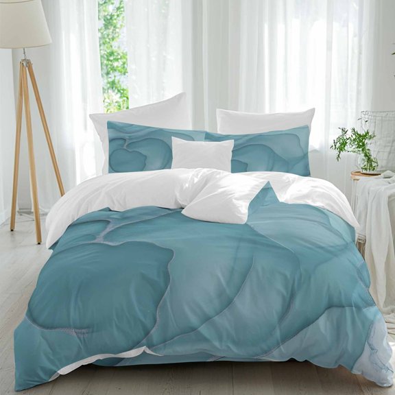 Teal Blue Marble Twin Size Comforter Set, Liquid Art Modern Bedding for All Seasons, 4 Pcs Bed Set, 1 Quiltcover (68"x86") ,1Sheet(67"x116"), 2Pillowcases (30"x20")