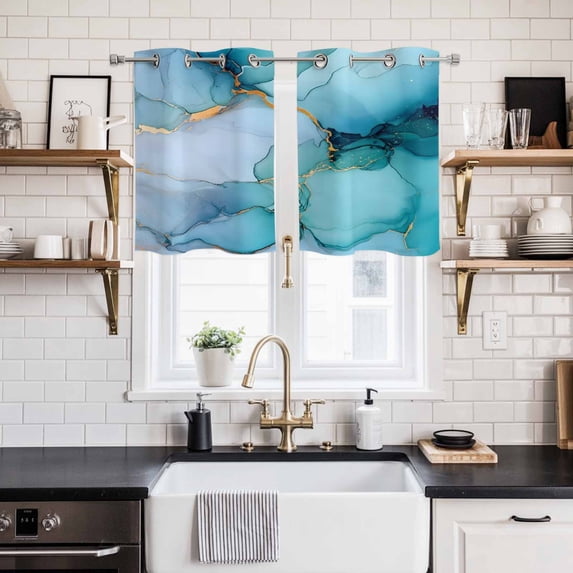 Teal Blue Marble Window Curtains Panels with Silver Grommet, Modern Abstract Art Marble Crack Kitchen Cafe Curtain Draperies Window Treatment Set for Living Room/Bedroom/Laundry Room/Bathroom, 55x39