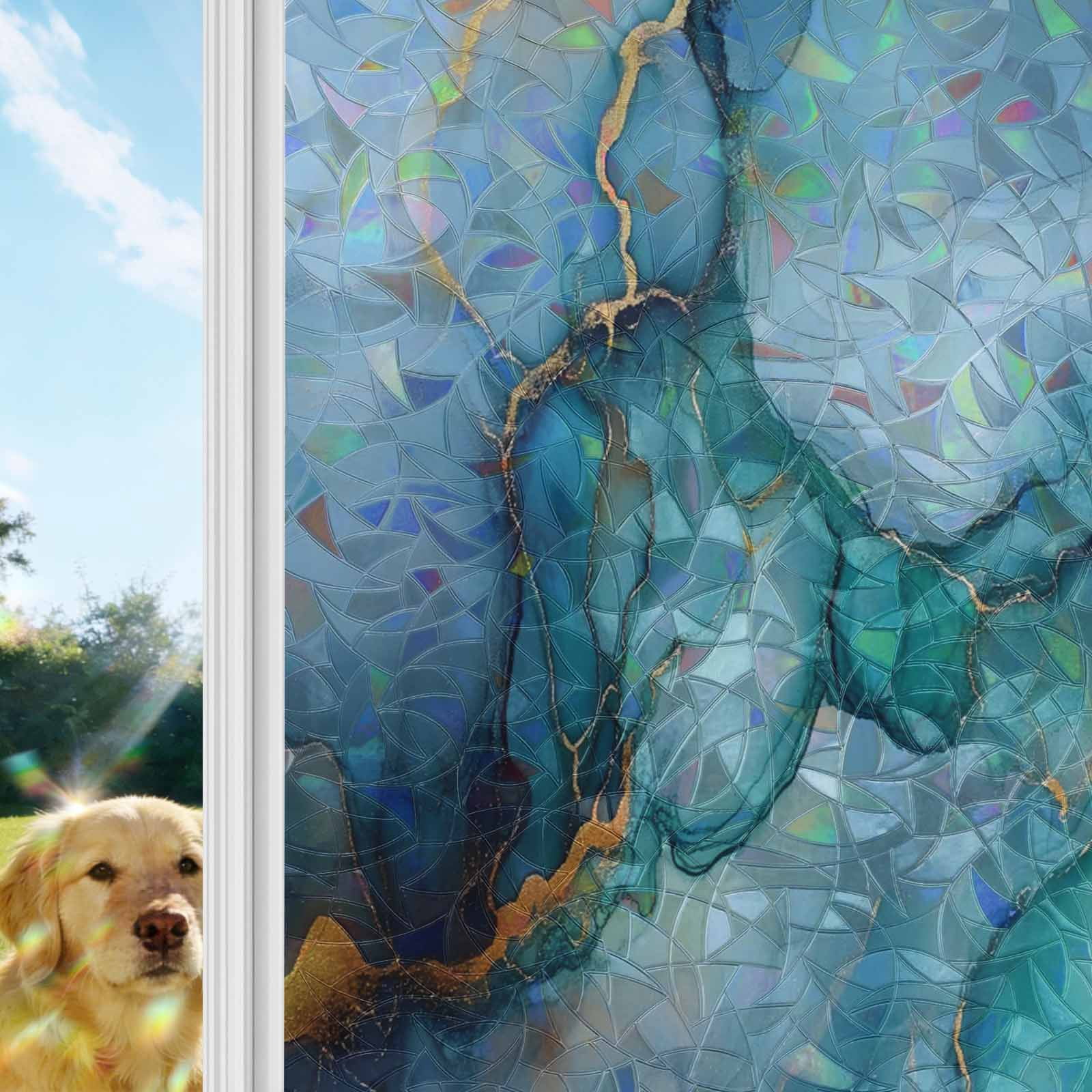 Teal Blue Marble Window Privacy Film Stain Glass,Reusable Decorative Rainbow Window Film,Abstract Artwork Aesthetic Non-Adhesive Static Cling Sun Blocking Stickers Decals Covers 23.6" x 78.7" (2pcs)