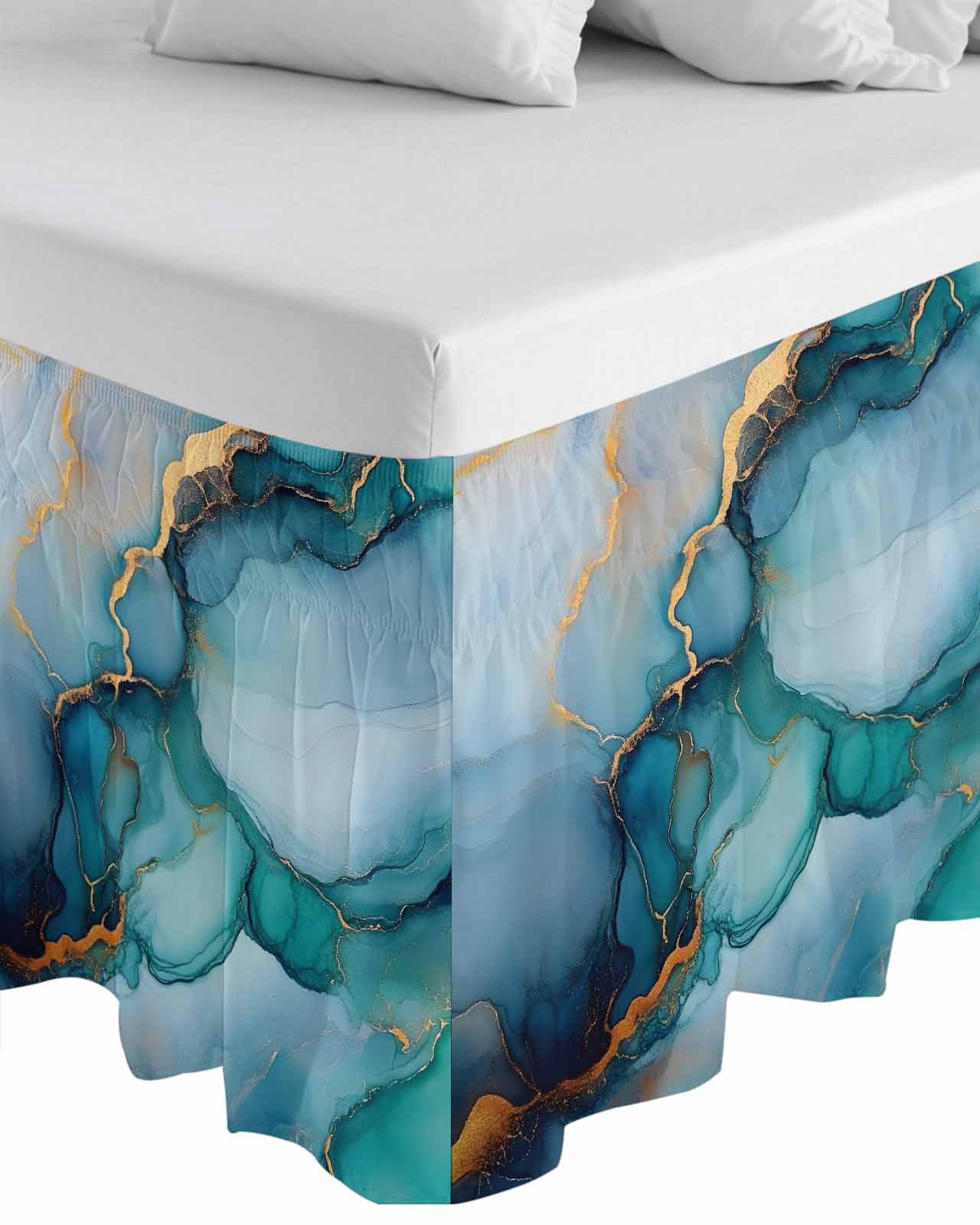 Teal Blue Marble Wrap Around Bed Skirts for Queen Bed 16" Drop, Bed Skirt with Adjustable Elastic Belt Dust Ruffle Bed Valance for Bedroom Hotel Luxury Abstract Artwork Aesthetic Bed Frame Cover