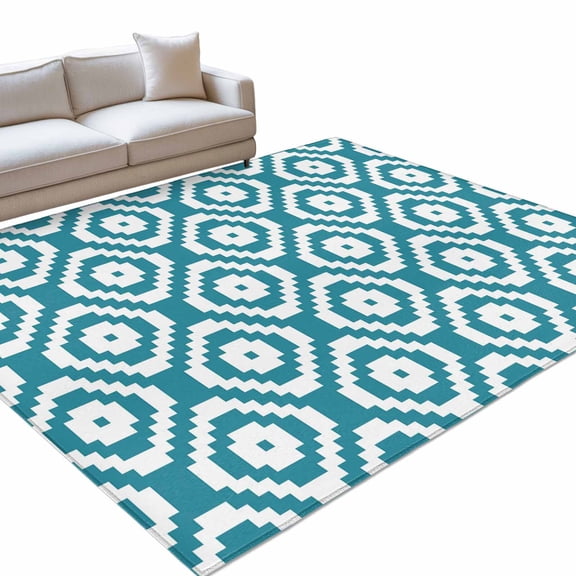 Teal Blue Modern Geometric 6x9ft Non Slip Area Rug Abstract Square Washable Soft Area Rugs for Living Room, Indoor Circle Carpet for Bedroom Dining Room Kitchen