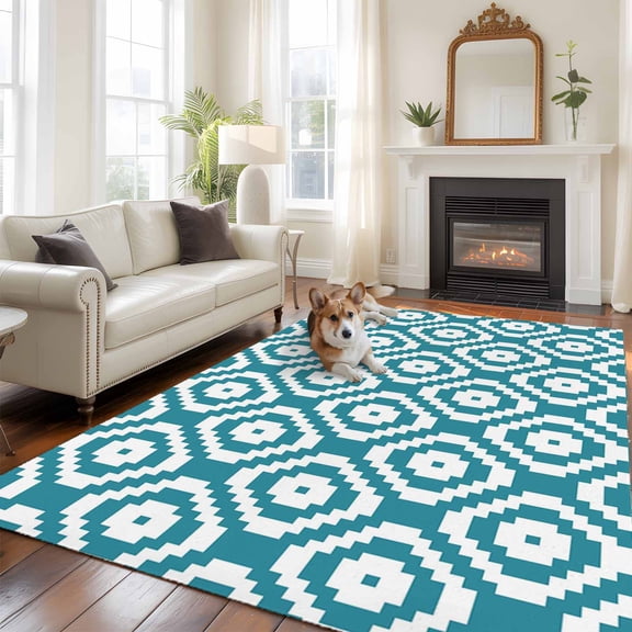 Teal Blue Modern Geometric Area Rugs 5x7 ft Abstract Square Washable Rug Non Slip Indoor Carpet Absorbent Floor Mat for Living Room Bedroom Dining Room