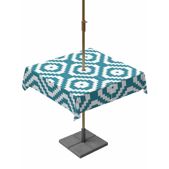 Teal Blue Modern Geometric Square Outdoor Tablecloth with Umbrella Hole Abstract Square 54x54 Inch Waterproof Table Cover Zippered Table Cloth for Garden Patio