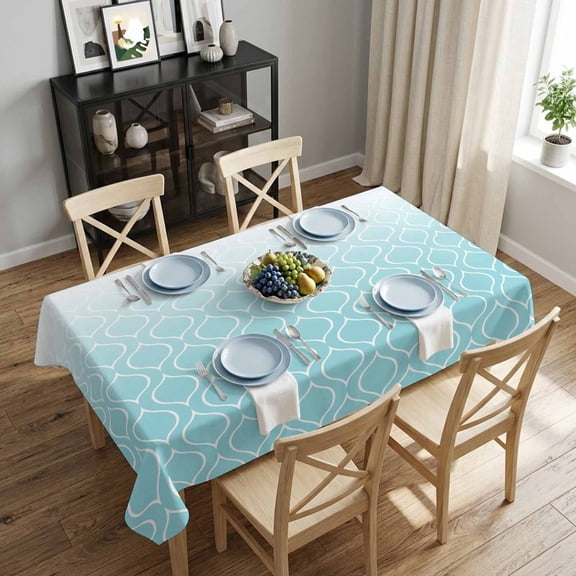 Teal Blue Morocco Rectangle Tablecloth 52x70 Inch Ombre Geometric Lines Pattern Waterproof Polyester Tablecloth for Dining Table, Washable Table Cover for Kitchen Dining Room Wedding,Stain Resistant